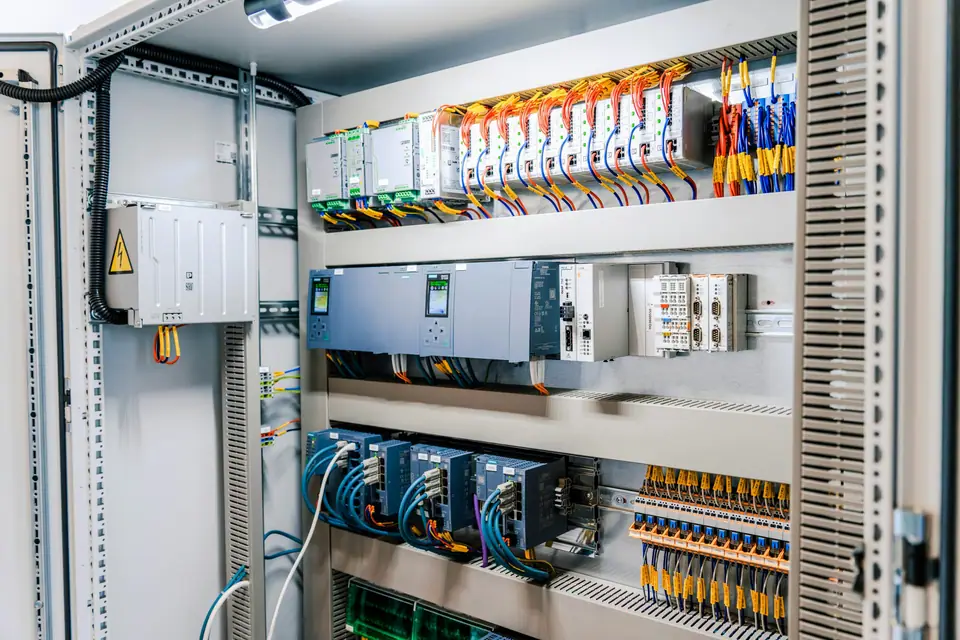 Control cabinet with PLC and wiring