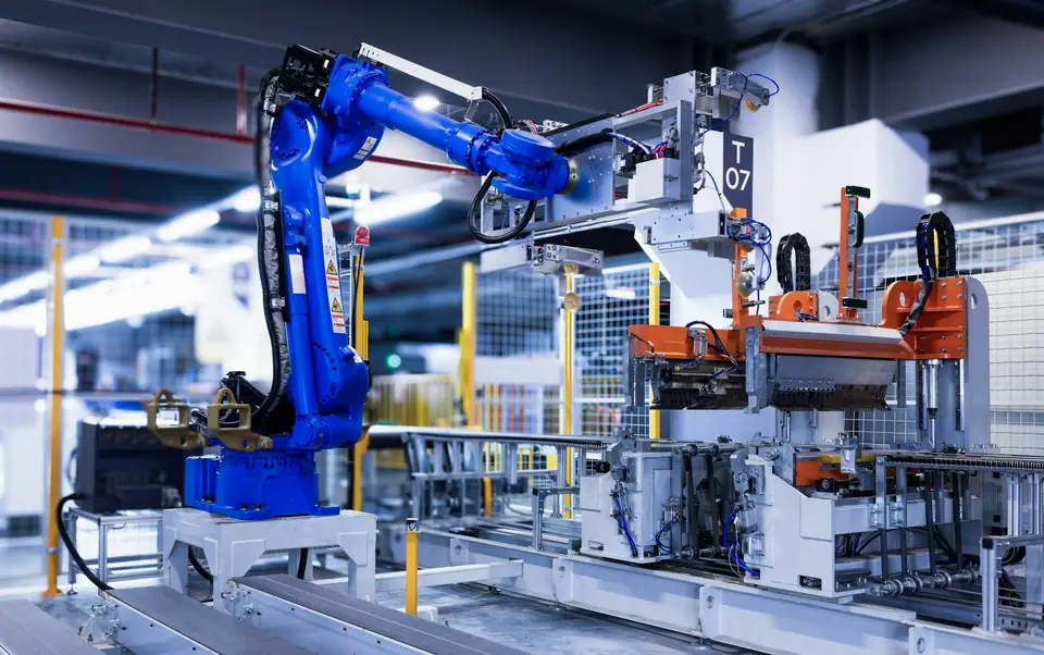 Automated production line with a blue robotic arm and pneumatic machinery