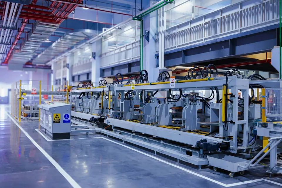 Long automated manufacturing line in a modern factory